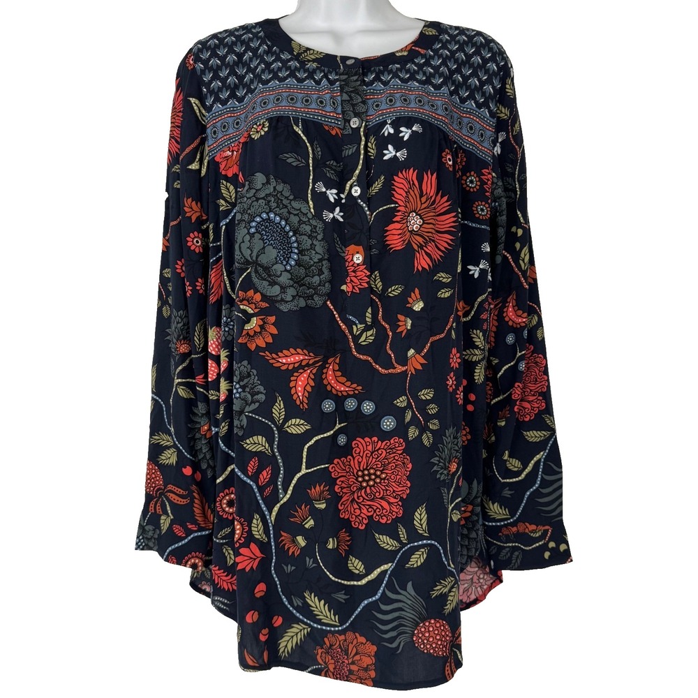 Loft Floral Tunic Blouse Women Small Navy Blue Boho Peasant Long Sleeve